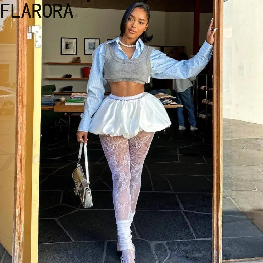 FLARORA Fashion Knit Vest Shirts Women's two pieces set woman Turndown Collar Long Sleeve Crop And Bubble Pleated Skirts Outfits