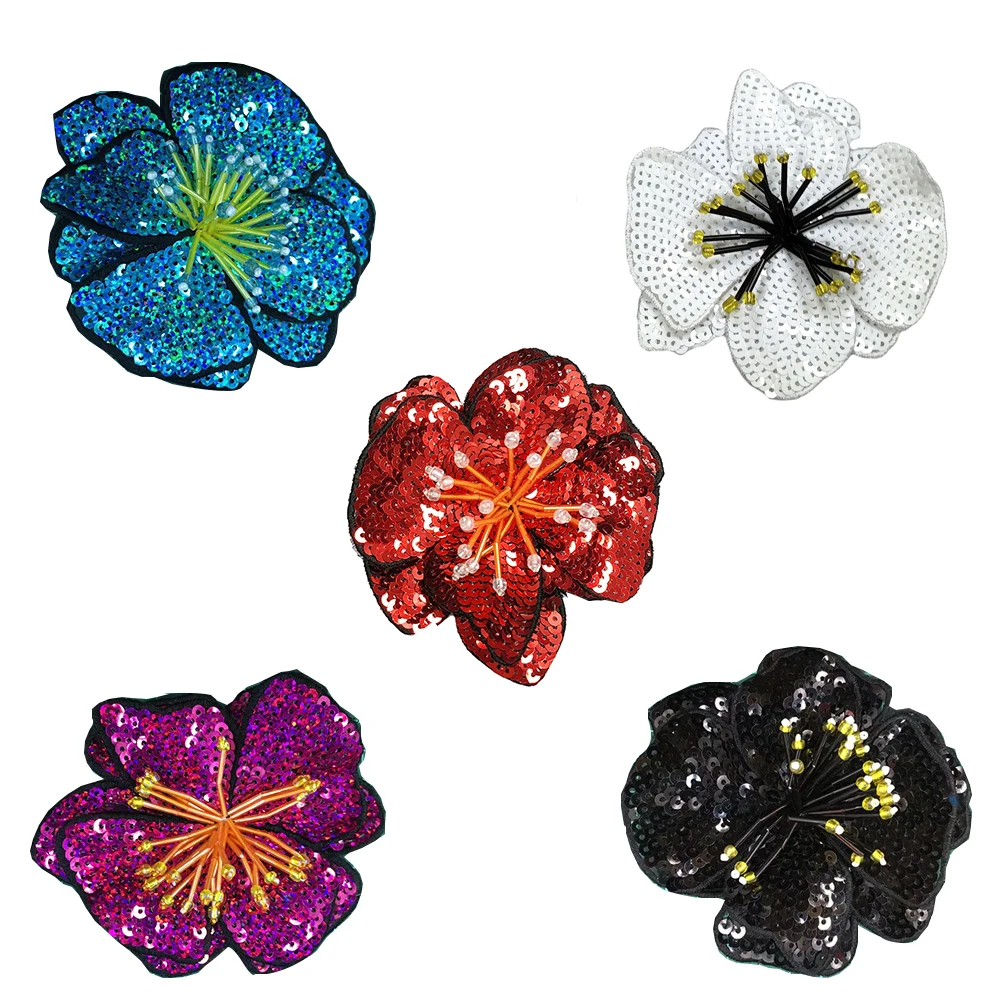 1 Piece 11*11CM Sequins Flower Sew on Patch, DIY Applique, Clothes, Bag Decoration, Blue, Red, White, Black, Rose red, Glue-free