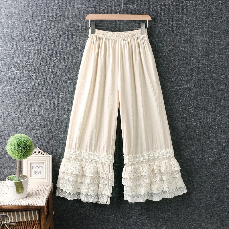 25 Spring New Japanese Women's Sweet Pure Cotton Three layer Lace Pants with Wide Bottom and Loose Fold Underpants