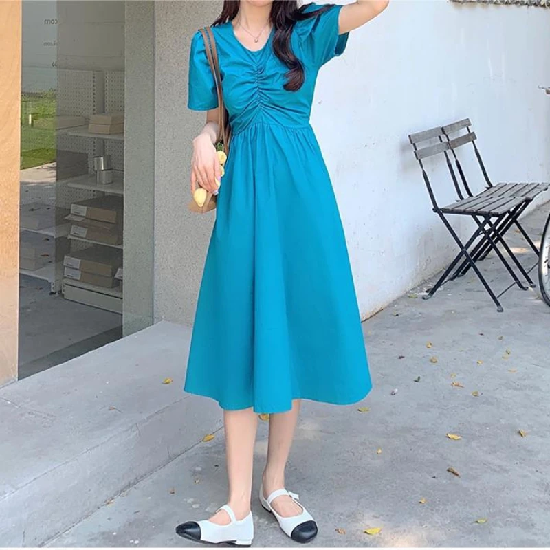 

Solid Color Pleated Open Back Puff Sleeve Waist Dress New Fashion V-neck Mid-Calf Robe Female2024 New Summer Casual High Quality