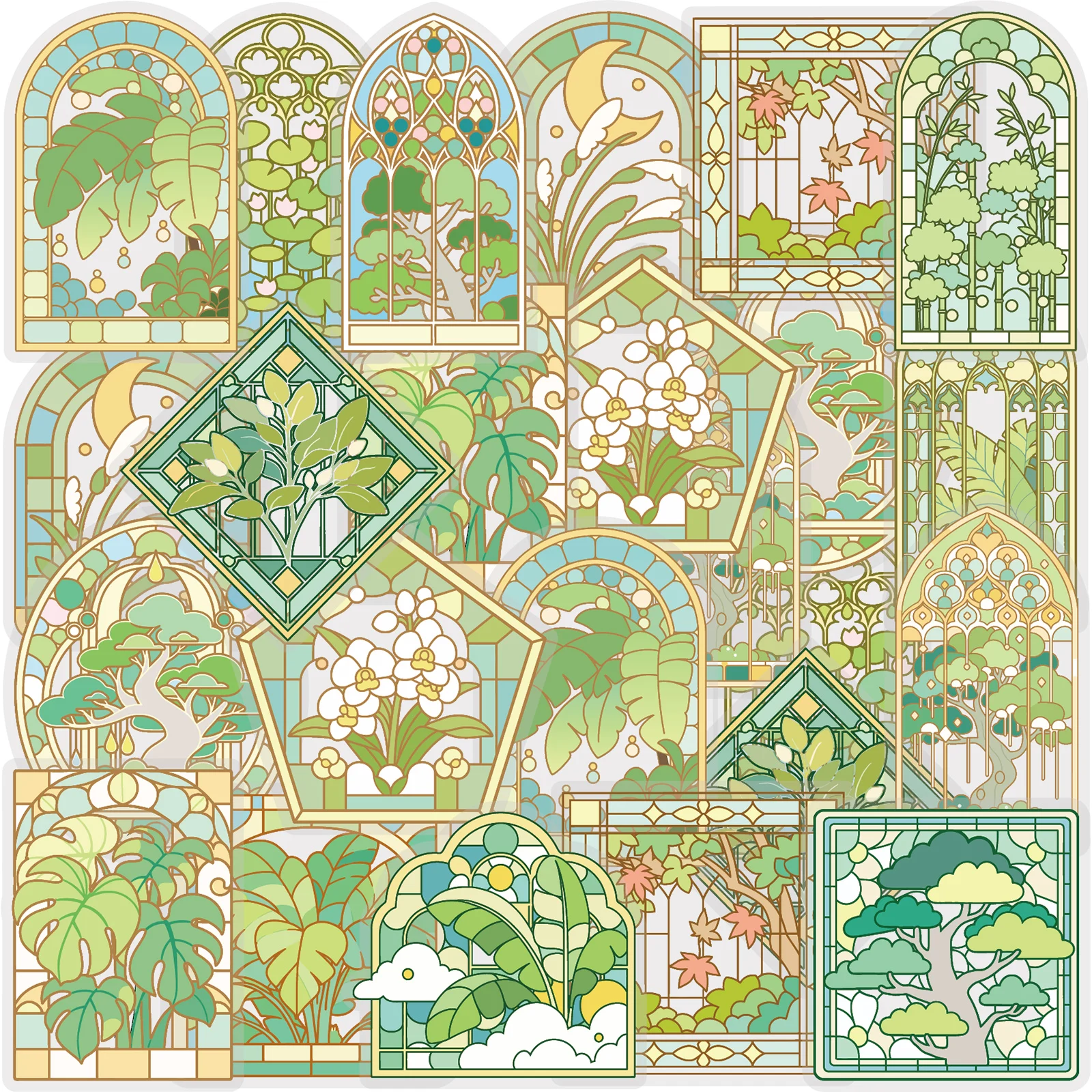Etori Life 15Pcs Grassland and Garden Window Flower Pet Sticker Pack, Gold-Edged Tropical Plant Glass Pattern DIY Craft Scrapbooking Accessories Suitable for Sticker Books, Laptops, Phone Backs, Photo Albums, Guitars, Handbags, Postcards and Envelopes, Helmets and Bicycles, Room Decoration, Office Decoration Supplies, Artistic Aesthetics, Green Aesthetics, Die-Cut Crafts, Cycling Decals, Back-To-School Season