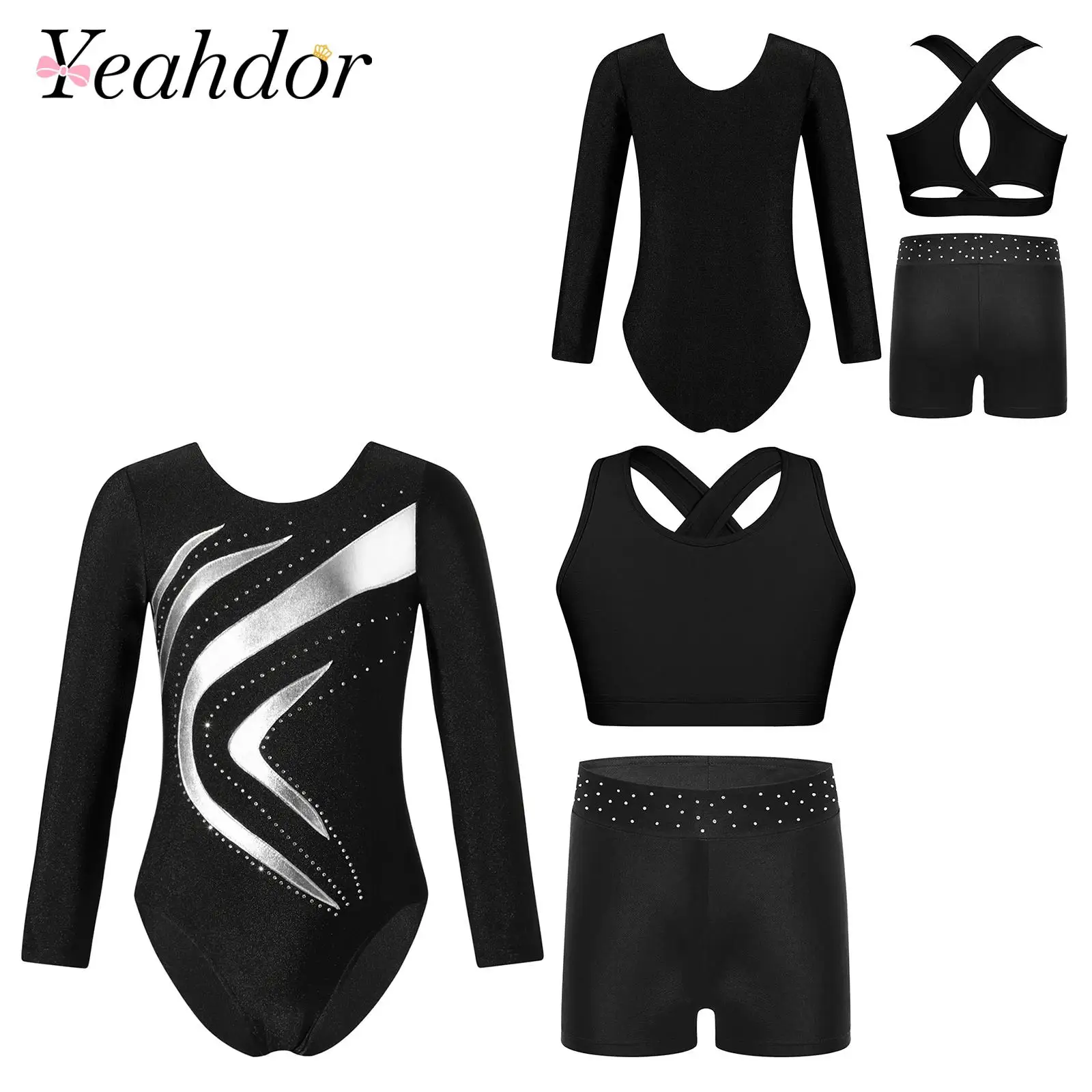 Trajes de Ballet para Niñas, Leotardos de Gimnasia, Disfraces de Patinaje y Danza, Leotardo Metálico de Manga Larga con Parches y Pantalones Cortos