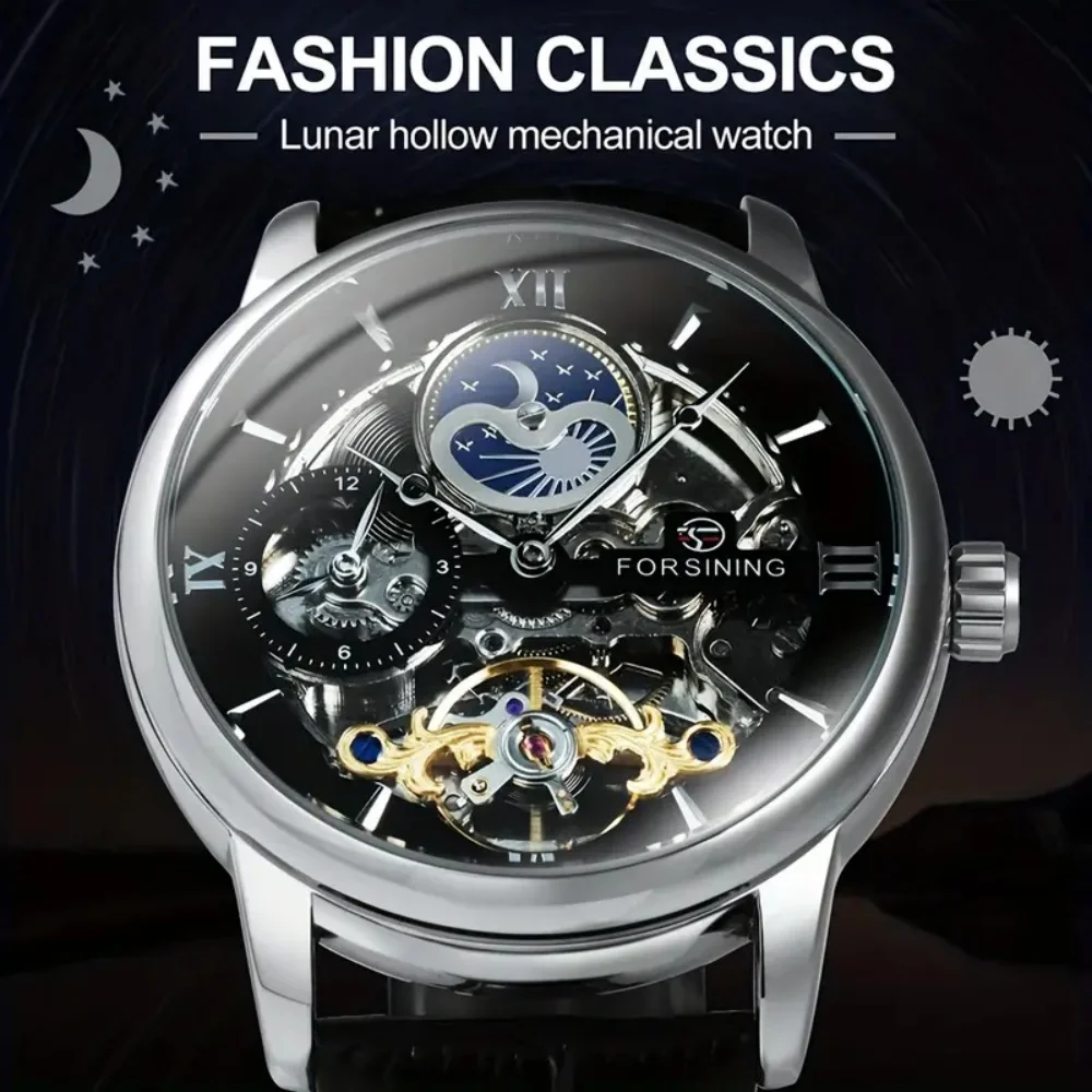 Luxurious and Fashionable Tourbillon Frame Automatic Mechanical Watch for Men, Hollow Design, Waterproof, Leather Strap, Business Casual, Simple, Versatile, Trendy Men's Watch, Gift Option