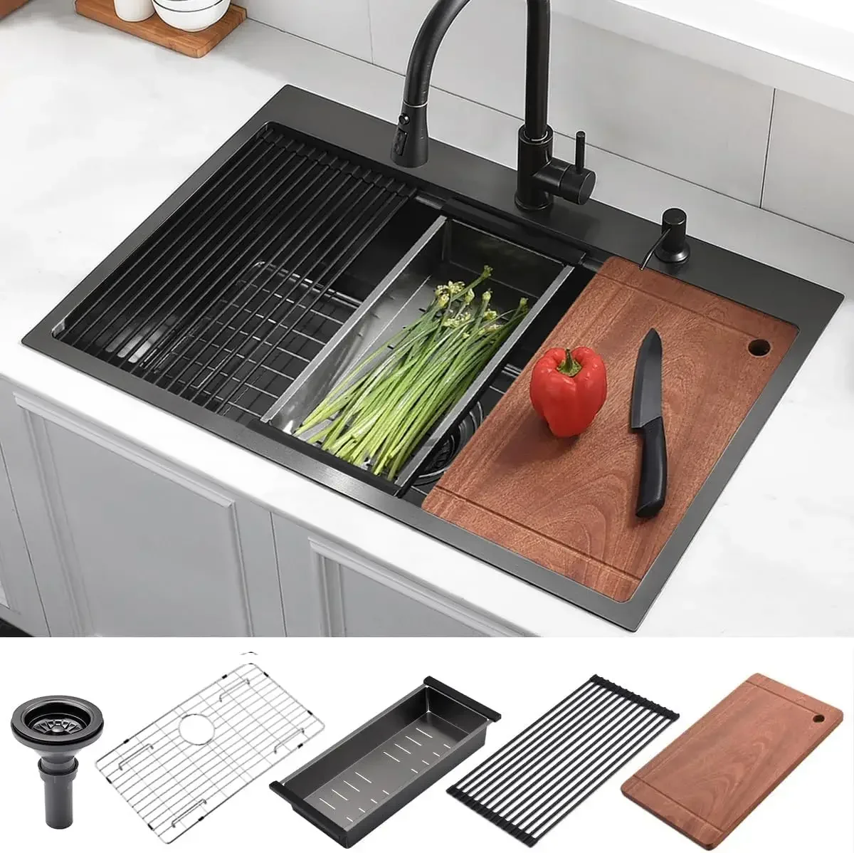 

Bestseller33 Drop In Black Workstation Kitchen Sink, Luckyhorse Gunmetal Black Stainless Steel Sink Drop In Workstation Kitchen