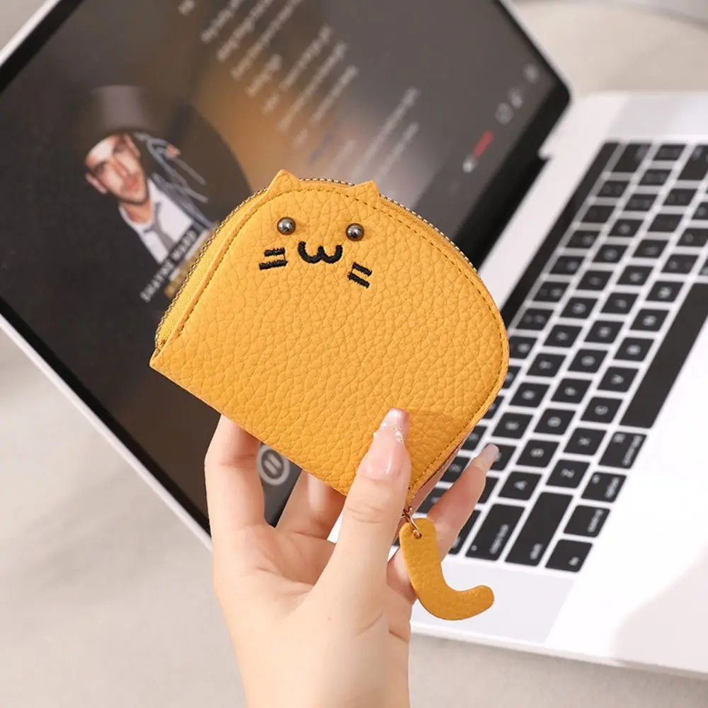 Small Cartoon Cat Mini Card Wallet Ultra-thin Zipper Card Holder PU Leather Card Bag Women Girls