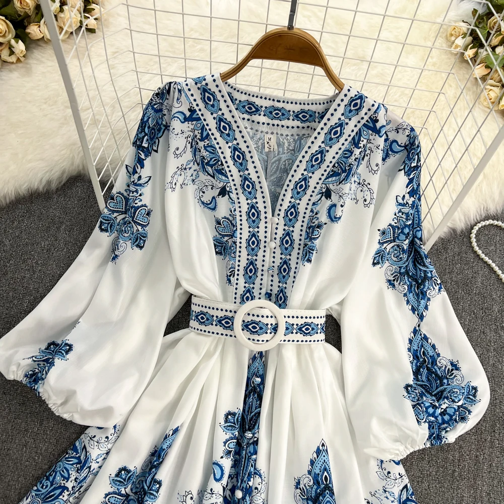 Spring Autumn Commute Retro Court Style Positioning Print Lantern Sleeve V-neck Waist Cinching Slim Single Button A-line Dress