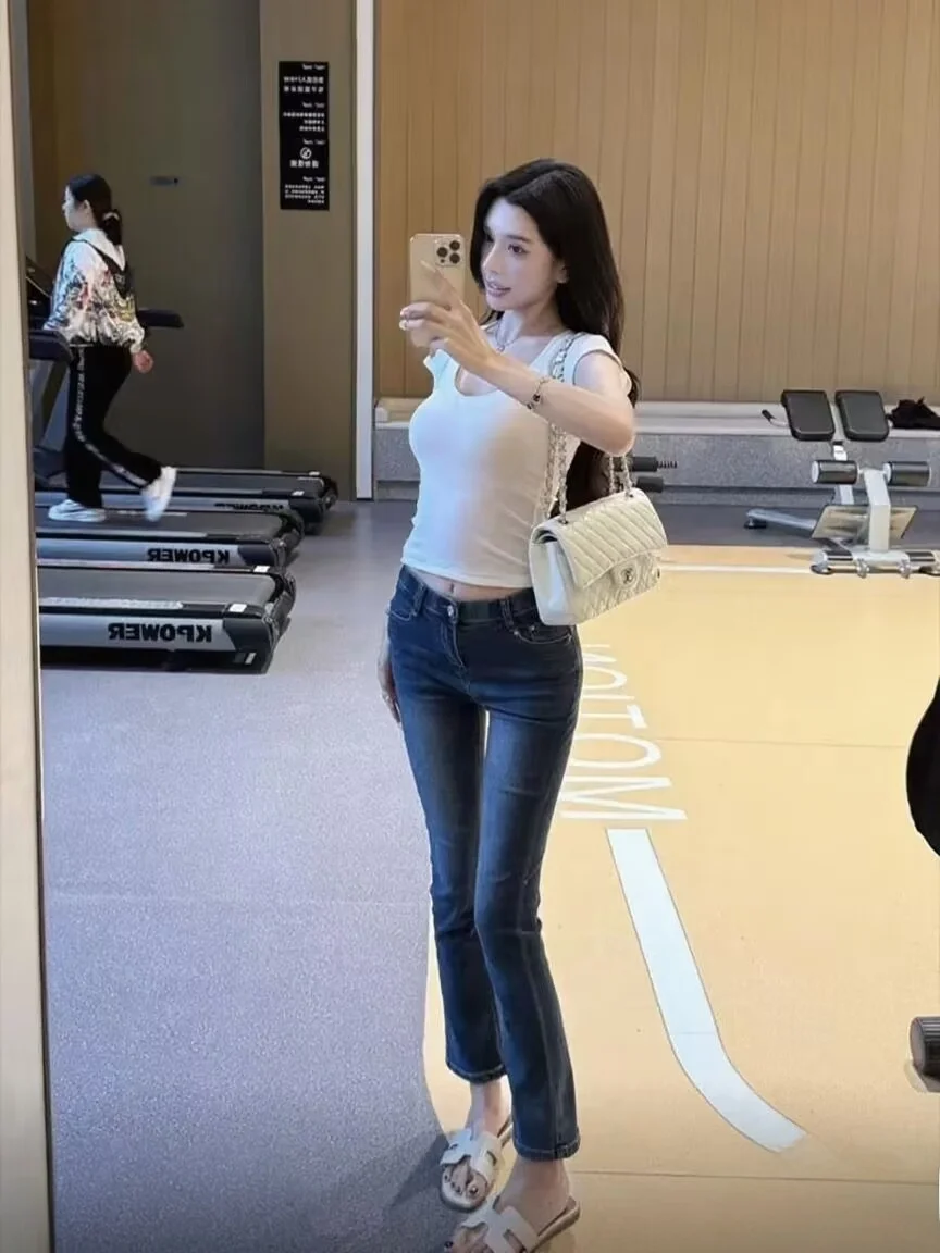 

Женские джинсы с высокой талией, прямого кроя, синие, облегающие, укороченные, повседневные, осенние