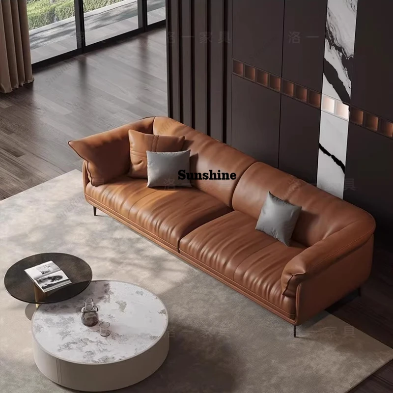 

Leather sofa Italian minimalist medieval style living room black, high feet embrace down leather art