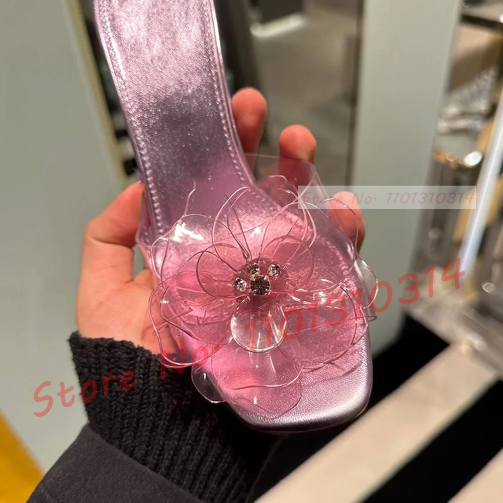 Pvc Flower Metallic Pink Slippers Women Luxury High Heels Square Toe Shoes Female Rhinestones Pistil 2023 Summer Elegant Slides