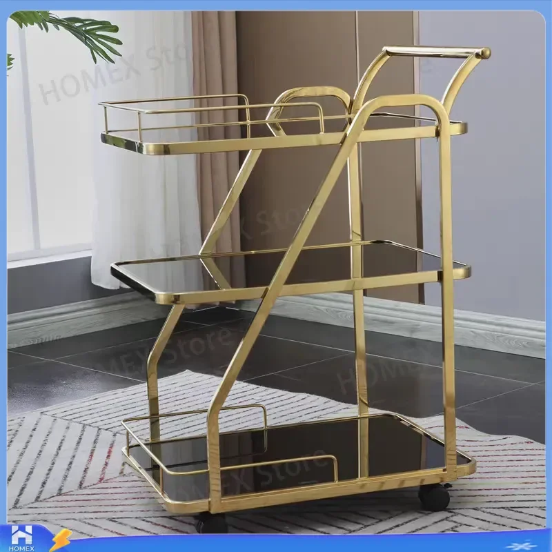 Luxury European Glass Wine Cart Mobile Bar Trolley with Wheels Serving Tea Cake Pastry Display Rack for Hotel Restaurant Home