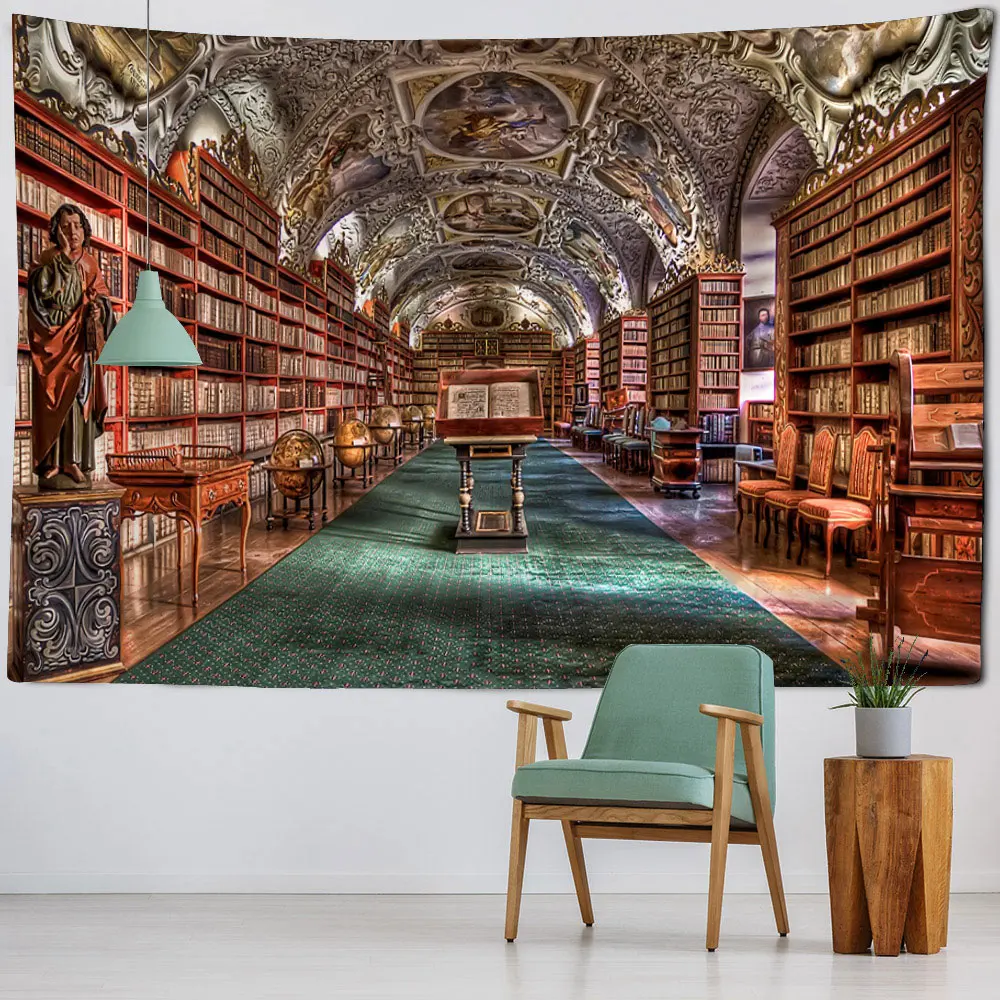 Vintage Bookshelf Tapestry, Study Room Picture Wall Hanging, Art Library Bohemian Hippie Bedroom University Dormitory Decoration