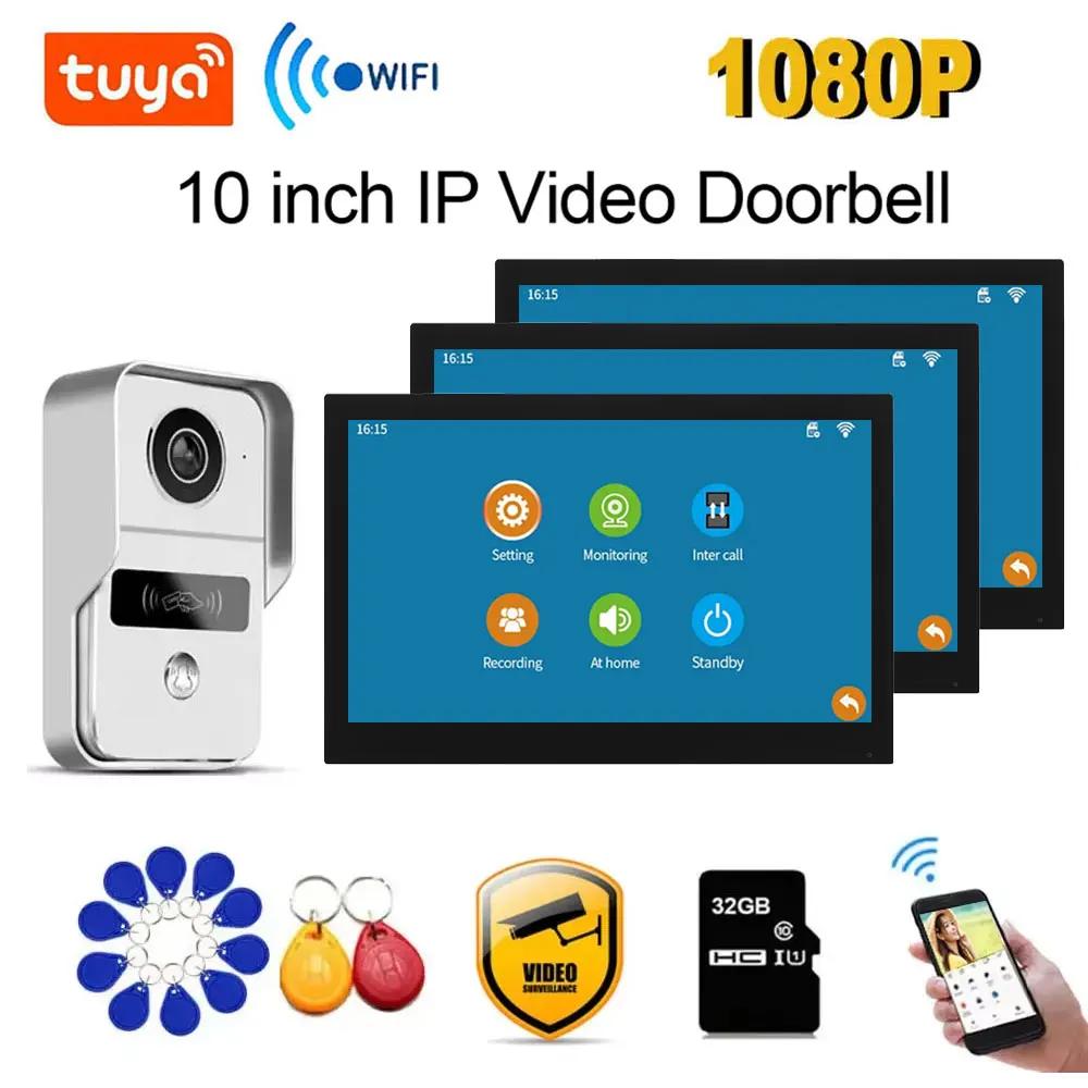 TUYA 1080P 10 Inch 3 LCD Touch Screen WiFi  Smart Home Wireless Video Door Phone RFID Access Control System for Villa Apartment