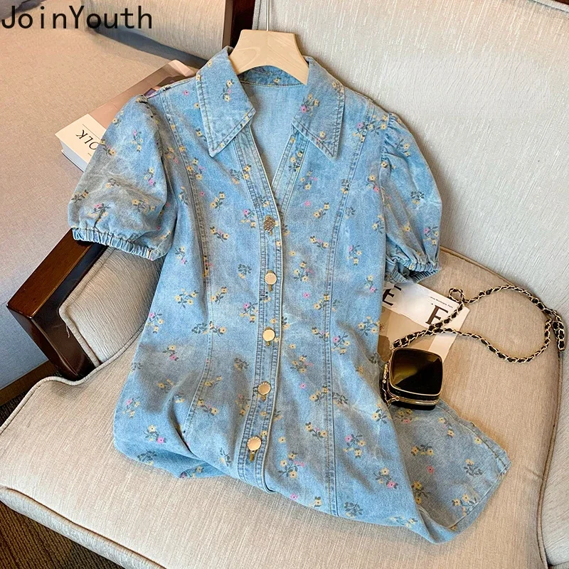 Floral Denim Dress Women Vintage Slim Fit Puff Sleeve Sweet Robe Femme 2024 Vestidos De Mujer V-neck Casual Chic Summer Dresses