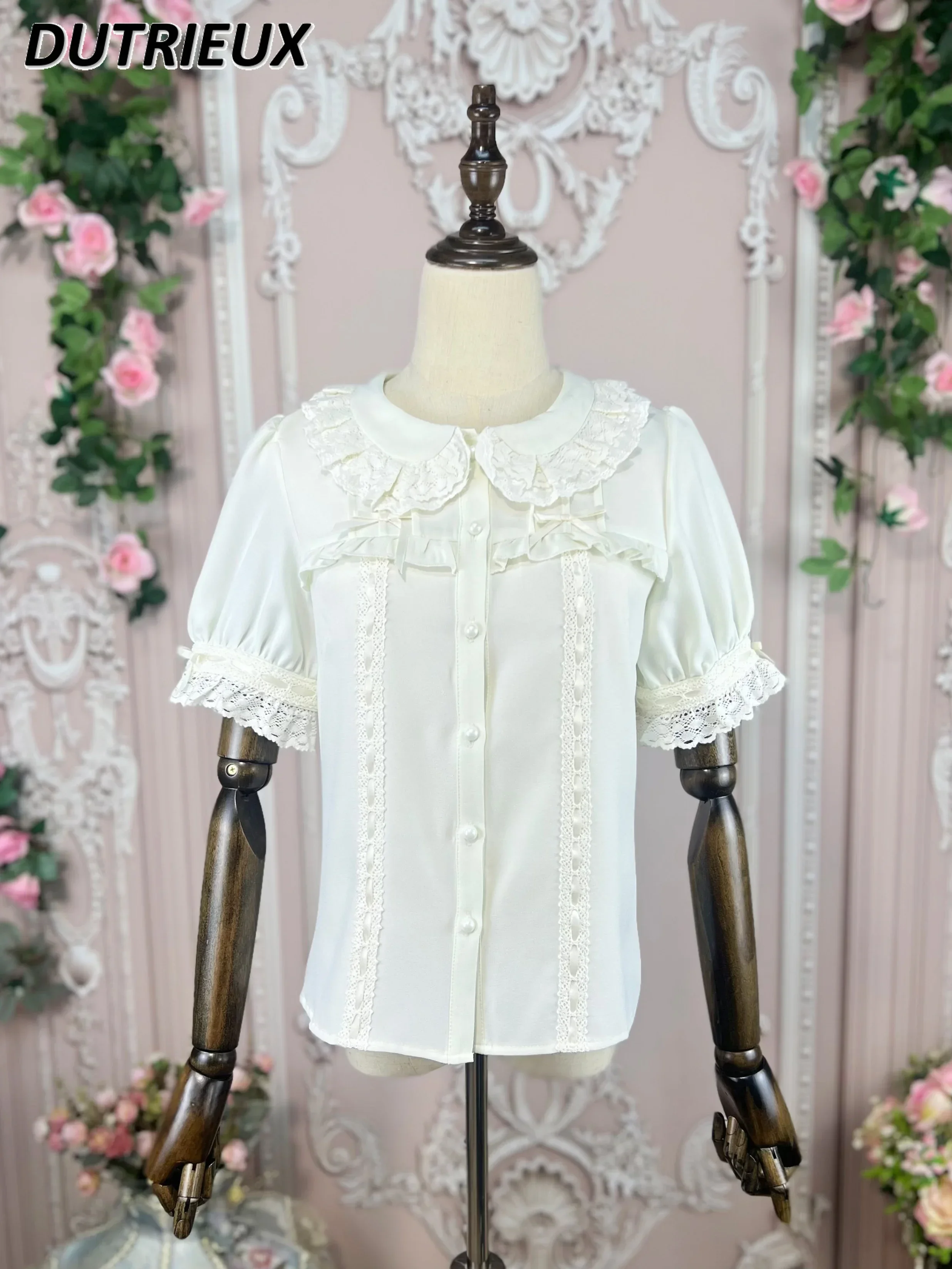 

Doll Collar Elegant Casual Blouse Sweet Cute Court Women's Tops Summer New Original Lolita Style Short-sleeved Shirt for Lady