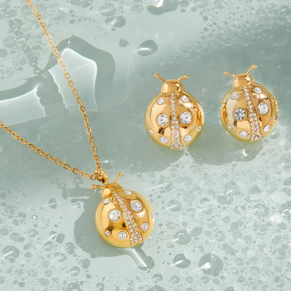 

Vintage Classic Zircon Ladybird Necklace For Women 18K Gold Plated Stainless Steel Insects Pendant Stud Earrings Fashion Jewelry