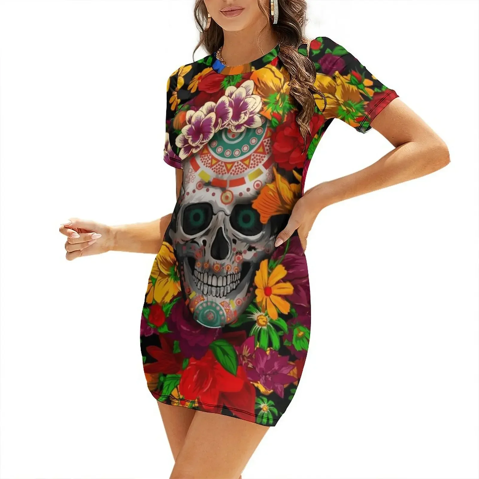 Vestido de manga corta con calavera de azúcar y flores para el Día de Muertos, vestidos de ceremonia, vestido de verano para mujer 2026