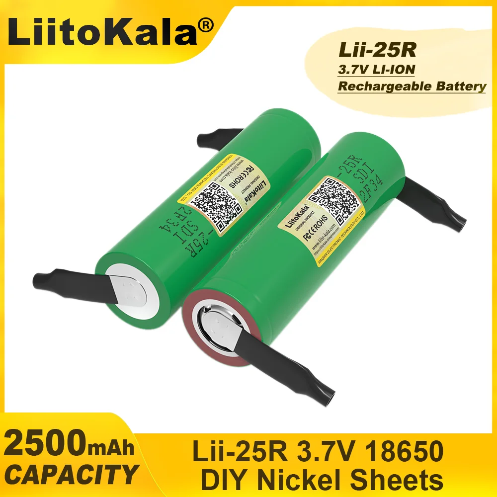 LiitoKala-rechargeable lithium battery, high capacity nickel battery, DIY, Lii-25R, 18650, 3.7 V, 2500mAh