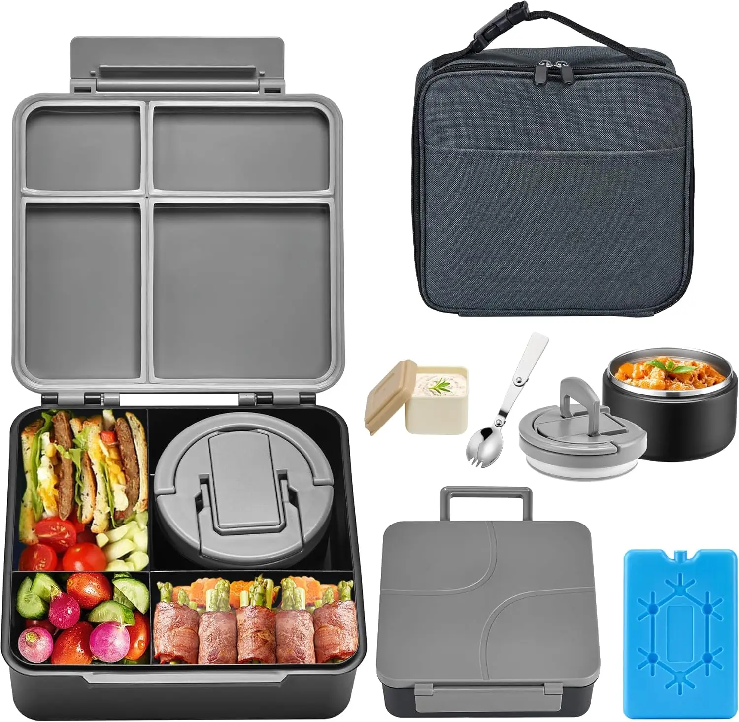 

Bento Lunch Box with 8oz Soup Thermo,Kids Leakproof 4 Compartment Lunch Food Containers with Sauce Cup and Ice Pack,Kids Thermo