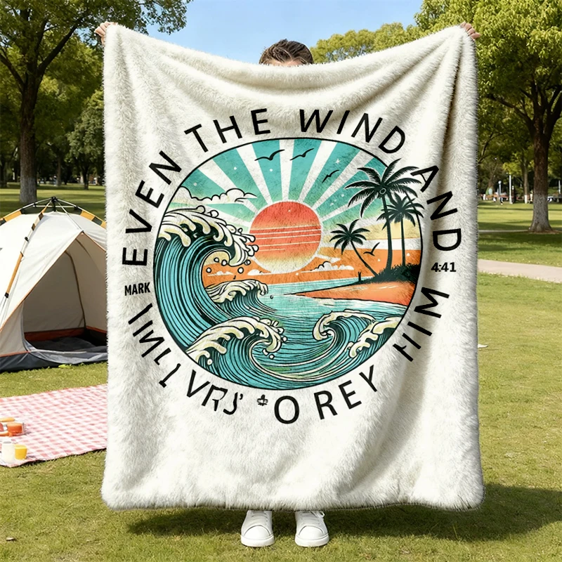 Christian Flannel Blanket, Beachy Flannel Throw, Faith Cozy Blanket, Bible Verse, The Wind and Waves Obey
