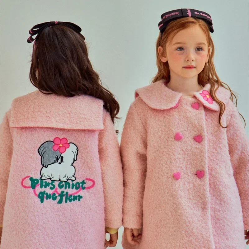 2024 Winter Embroidered Girl's Coat Korean Cute Sweet Girl Lamb Wool Coat Warm Kids Outerwear Boutique Children's Clothing