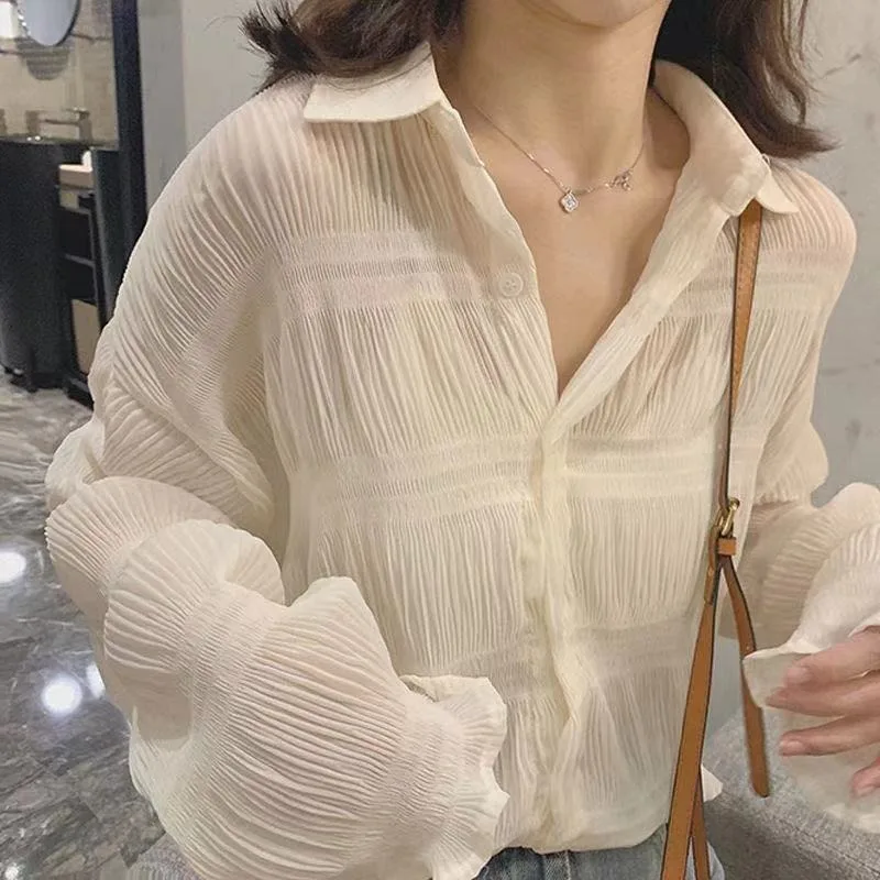 

Miiiix Design Sense Pleated Loose Single Breasted Long Sleeved Shirt 2024 Summer New Solid Color Casual Versatile Bottom Top