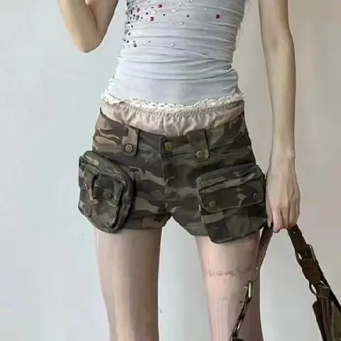 Vintage Women's Denim Shorts Low Waisted Pockets Camouflage Y2k Casual Jeans Cargo Pants Gothic Green Short Jeans