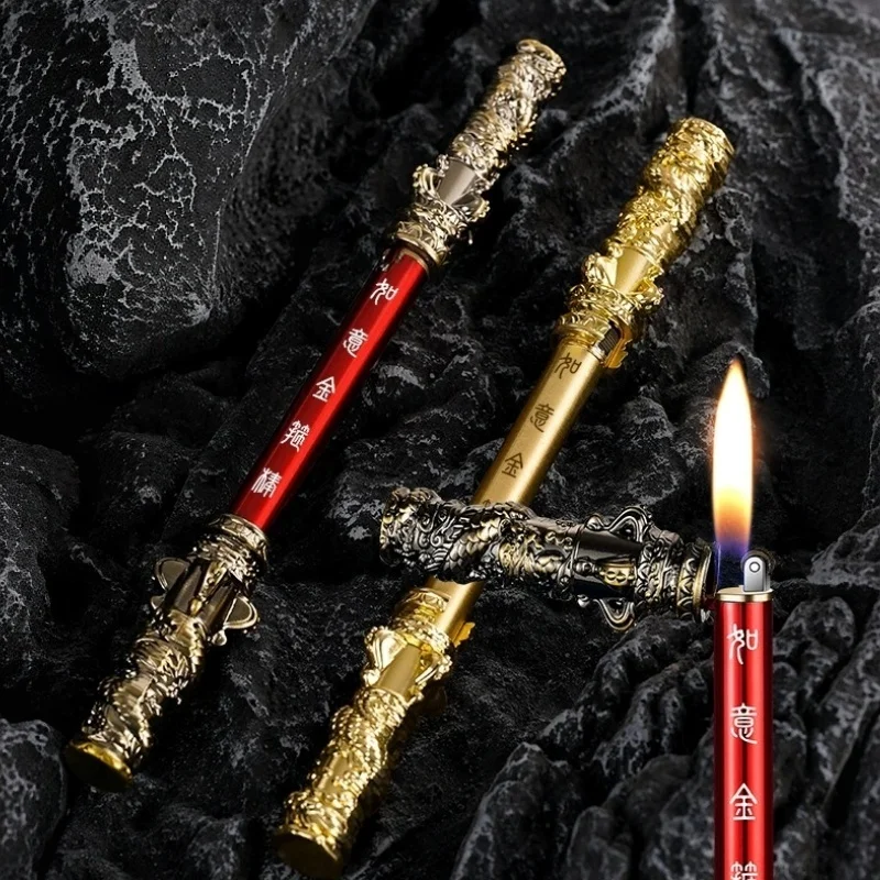 New Premium Wukong Ruyi Golden Cudgel Lighter Metal Creative Butane Open Flame Desktop Ornament Toy Men Collection Festival Gift