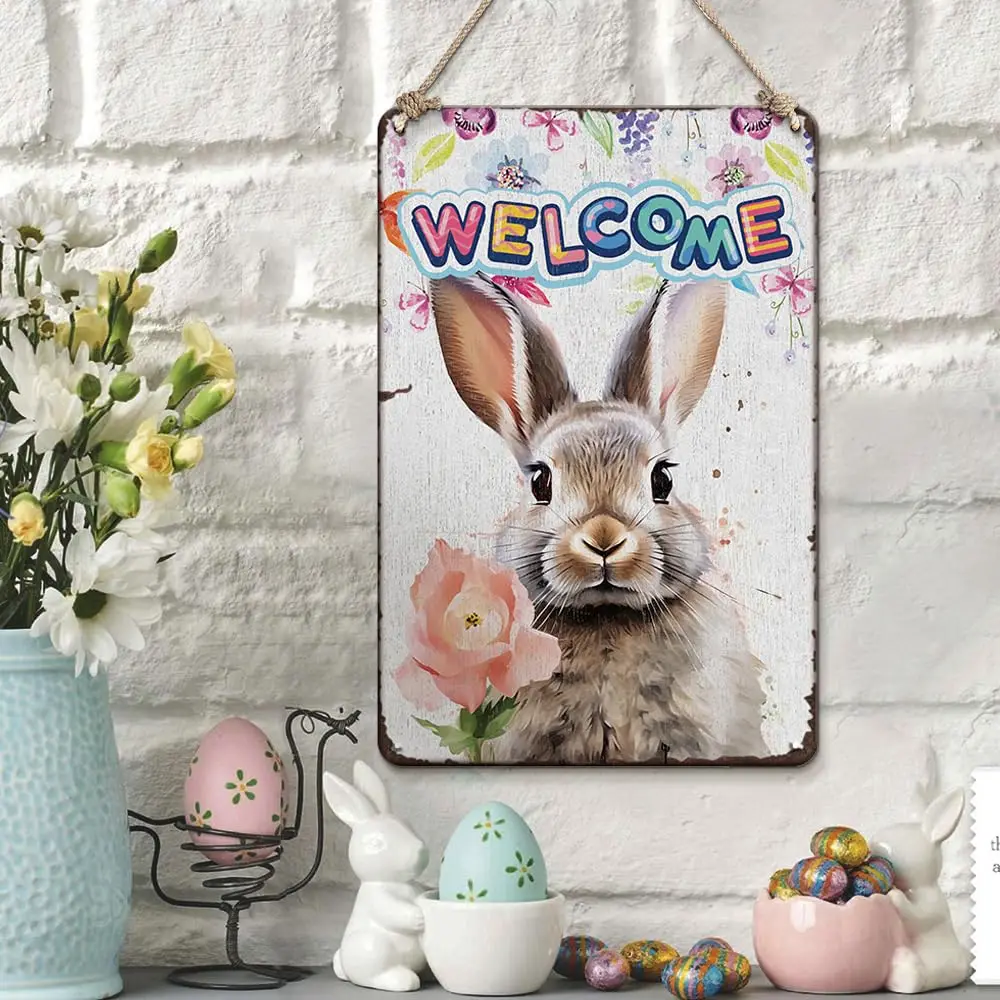 St Patricks Day Decorations Easter Rabbit Spring Decorations Retro Tin Sign, Welcome Rabbit Spring Easter Decor Welcome Door Sig