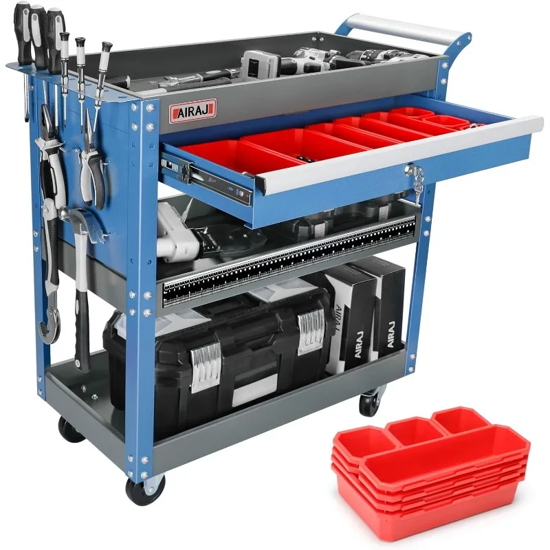 

AIRAJ 3 Tier Rolling Tool Cart,Mechanic Tool Cart on Wheels,Industrial Utility Cart with Drawers and Pegboard,440 LBS Capacity T