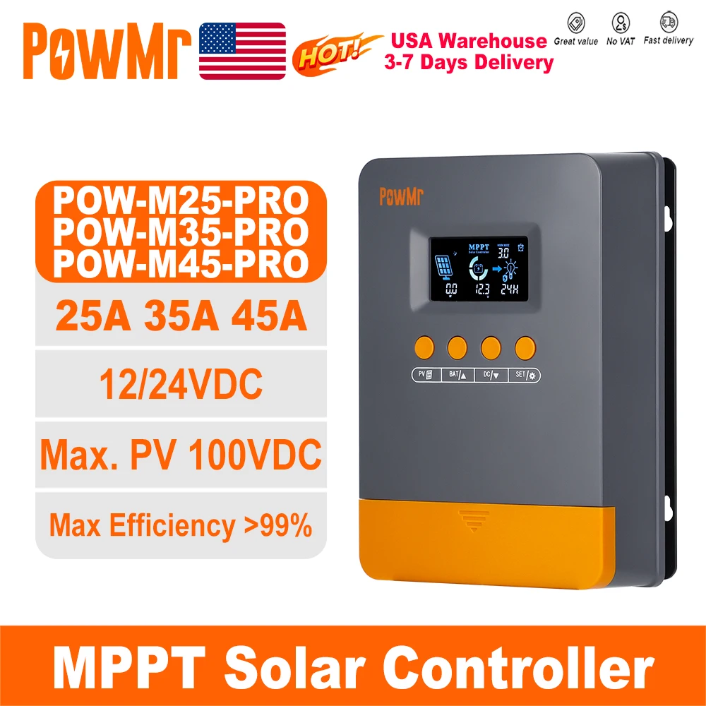 

PowMr USA 25A 35A 45A MPPT Solar Charge Controller 12V 24V Auto for 100V Panel Intelligent Regulator Lead-acid/Lithium Battery