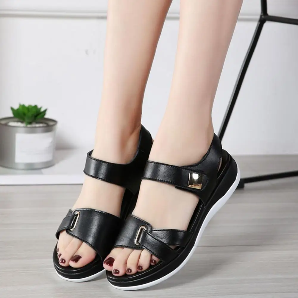 Breathable Faux Leather Sandals Womens Summer Wedge Sandals with Thick Flat Bottom Open Toe Hook Loop Beach Shoes for Work