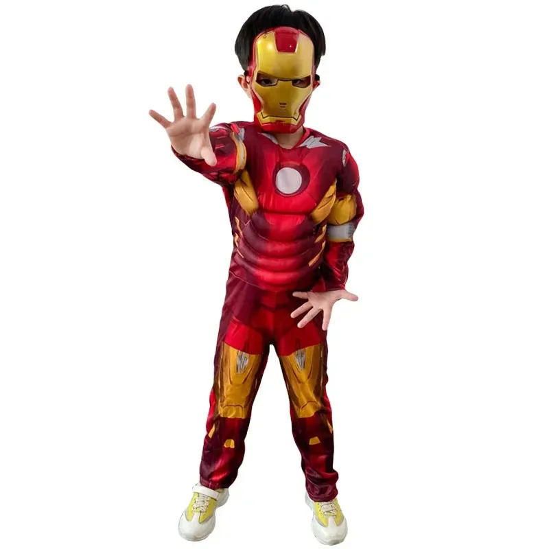 Iron Man Muscle Costume for Kids Superhero Iron Man Cosplay Costume Jumpsuit Zentai Mask Gloves Halloween Party Costume Childr