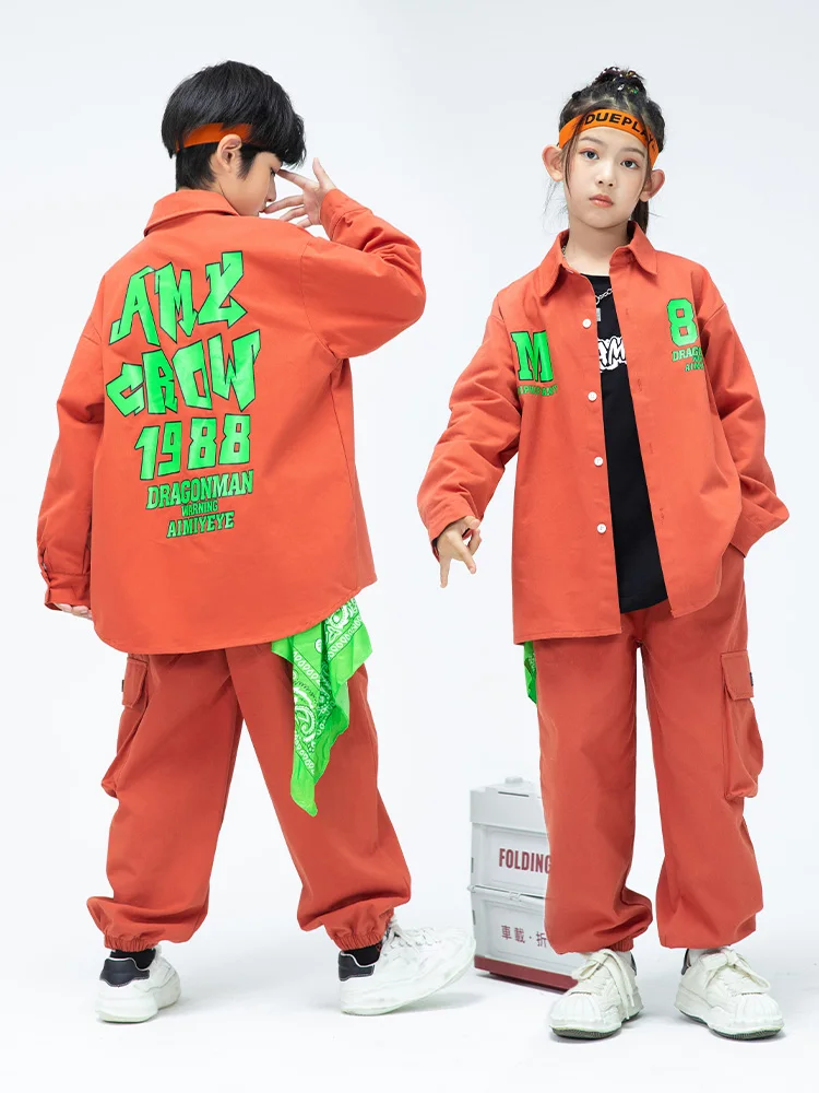 Orange Loose Tooling Clothes For Children Hip Hop Dance Costume Girls Jazz Performance Clothing Boys Streetwear Kpop Suit BL9327