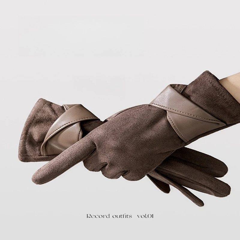 Gloves Women's Suede Cold-proof and Warm Women's Fleece Thickened Gloves Men's Bow Touch Screen Gloves Windproof Women