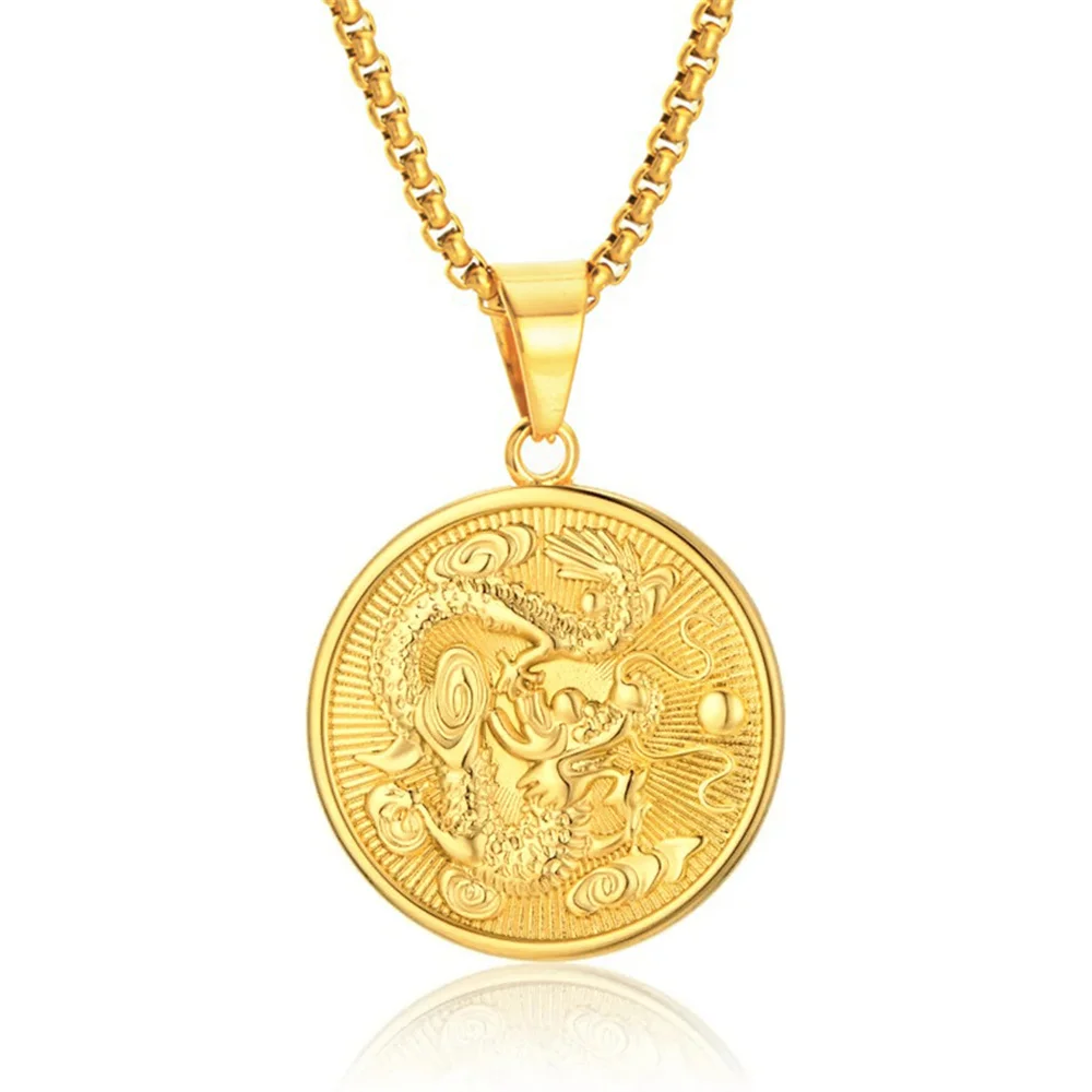 Punk Mode ethnischen Tierkreis chinesischen Drachen Anhänger männliche Goldfarbe runde Amulett Halskette für Männer coolen Schmuck Geburtstags geschenk