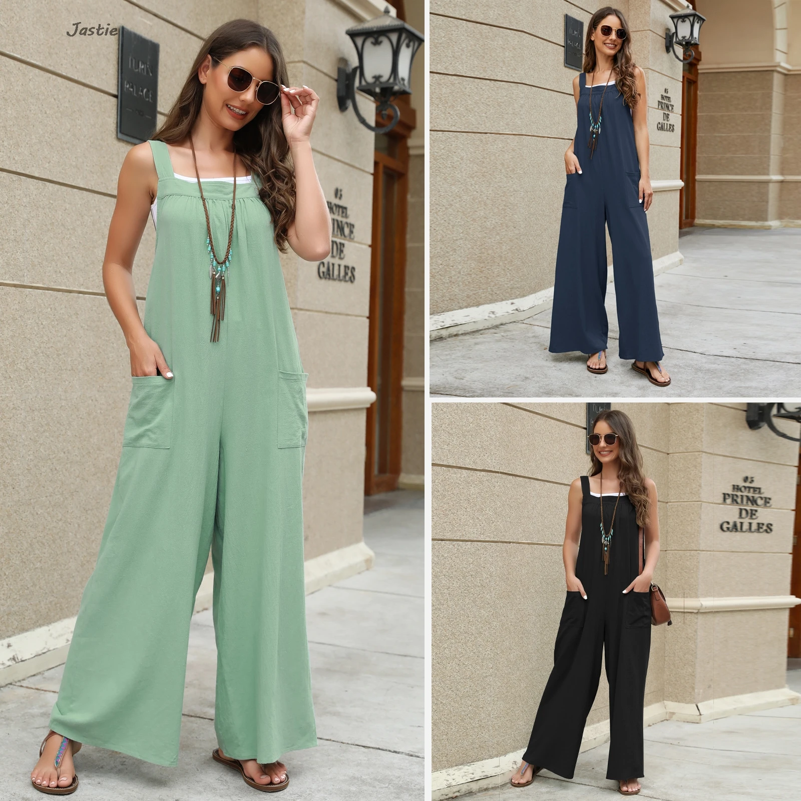 

Summer New High Waist Women's Jumpsuit Vintage Loose Pocket Long Strap Pants Casual Wide Leg Pant Sets Street Woman Clothes 2024