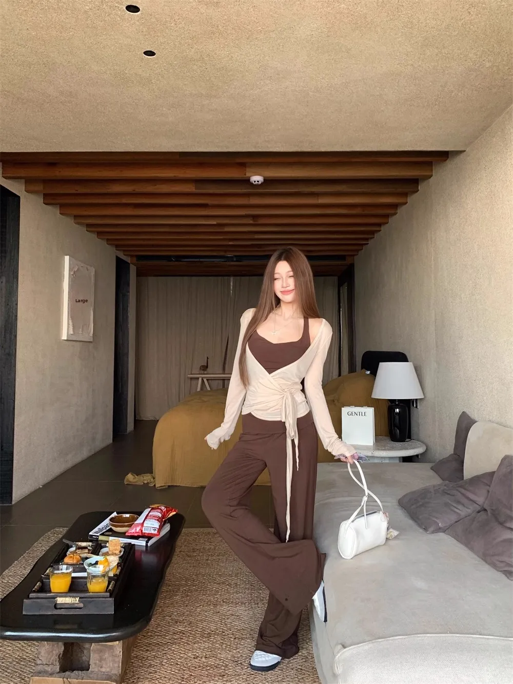 

Korean Design Sense Women's Set Belted Open Cardigan Jaet Inner Match Hanging Ne Strap Very Good Early Autumn Whole Set