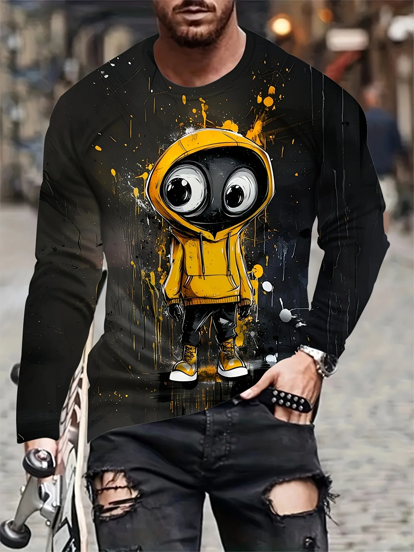 

2025 new men's printed long-sleeved T-shirt casual round neck four-season breathable cartoon