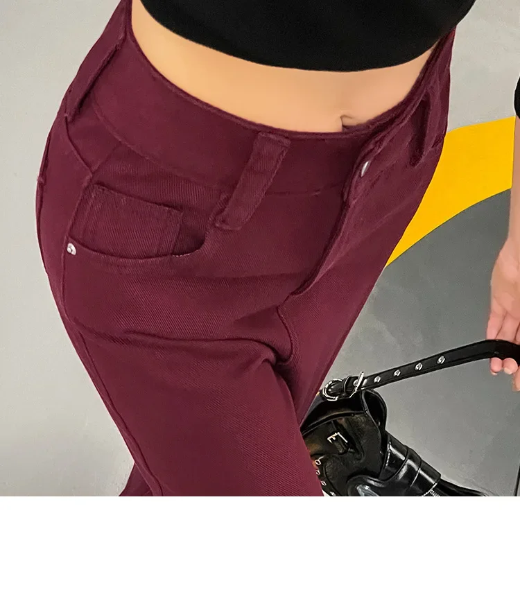 Calça jeans vermelha Ancola simples e confortável de pernas largas. Nova moda feminina primavera e outono baggy cintura alta perna reta jean