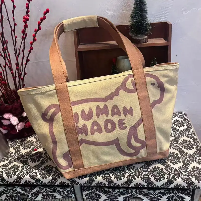 2026 Human Made Style Letter Heart Tote Bag Cute Dog Print Vintage Casual Handbag