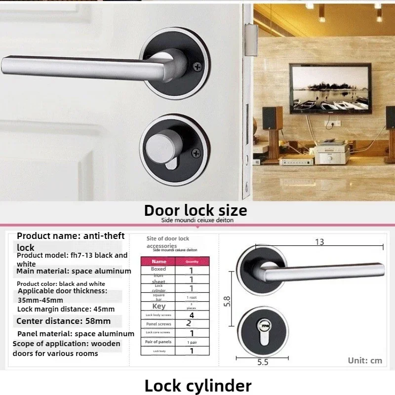 

New Black Space Aluminum Solid Door Lock Indoor Bedroom Mechanical Handle Lock Hardware with 58 Anti-collision Lock Body