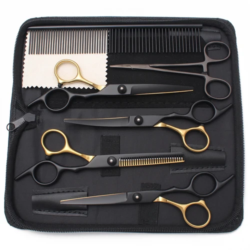 Imagen 1 del producto Tijeras de peluquería para mascotas, Kit de tijeras de aseo para perros de acero inoxidable de 6 pulgadas, tijeras rectas, tijeras de adelgazamiento, tijeras curvas para Chunker C3001