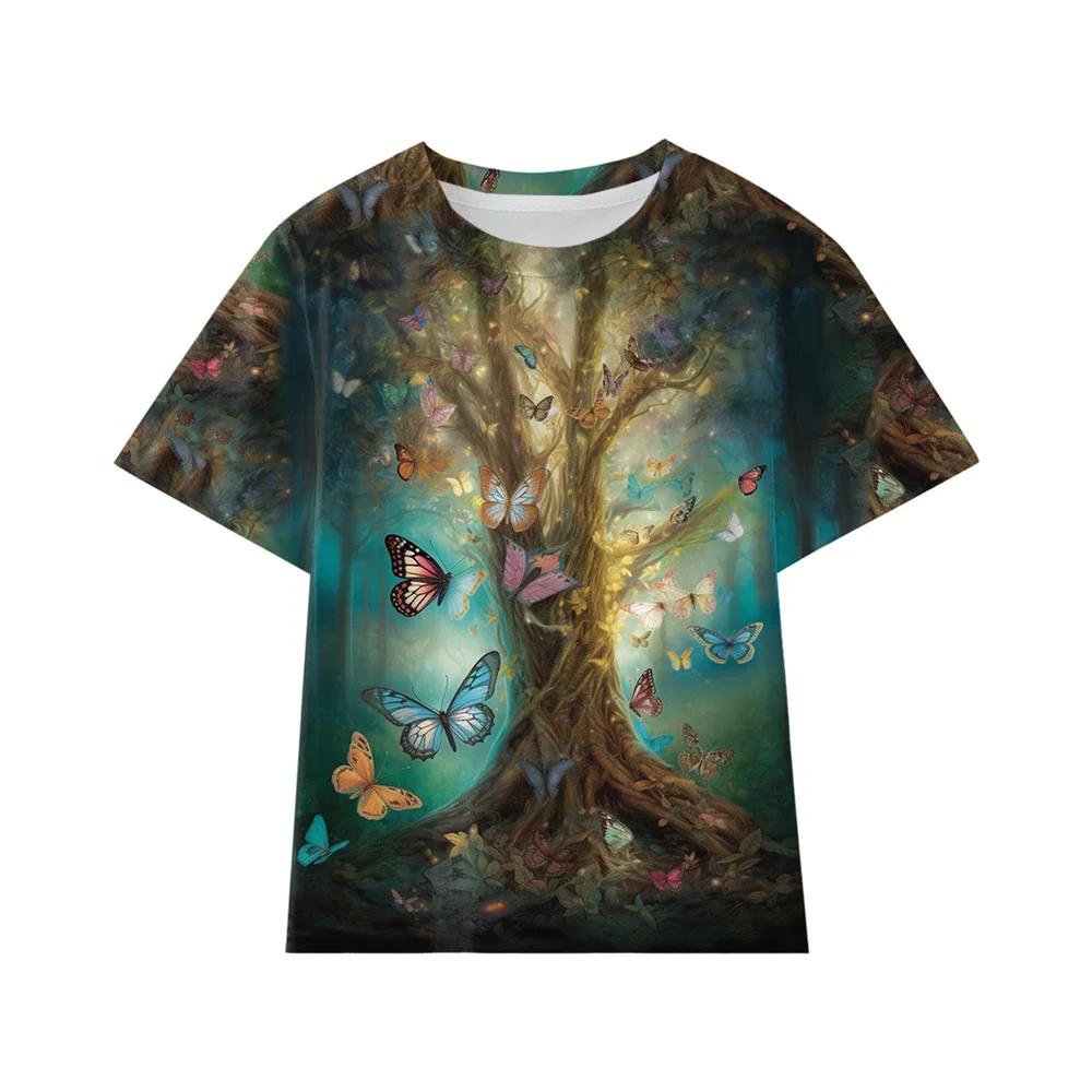 Children's Clothing Girl T-Shirt Short Sleeve 3D Butterfly Print Kids Summer Clothes Casual Beautiful Round Neck Girl Clothes