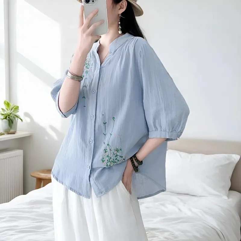 

Women Embroidery Cotton Linen Shirt Stand Collar Half Sleeve Loose Plus Size Summer Casual Blouse