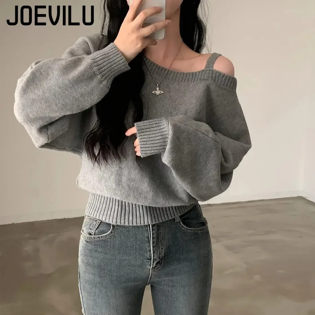 Korean Style One Shoulder Sweater Women Autumn Casual Pullover