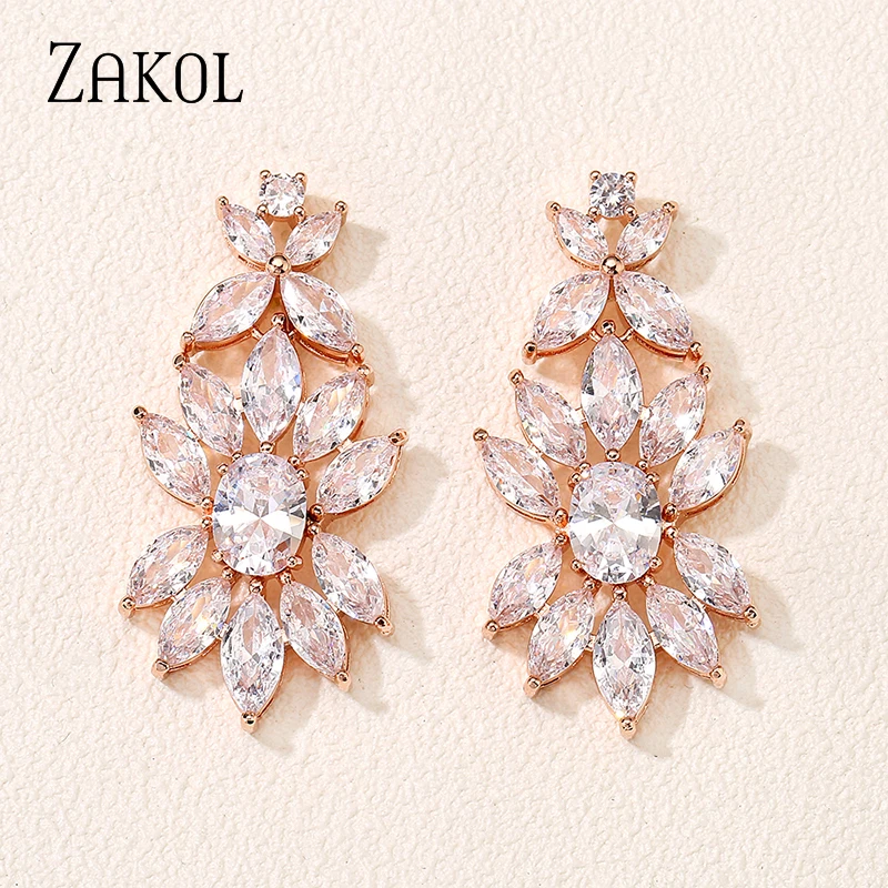 ZAKOL Luxury Rose Gold Color Leaf Dangle Earrings for Women Shinny Cubic Zirconia Bridal Earring Wedding Party Jewelry