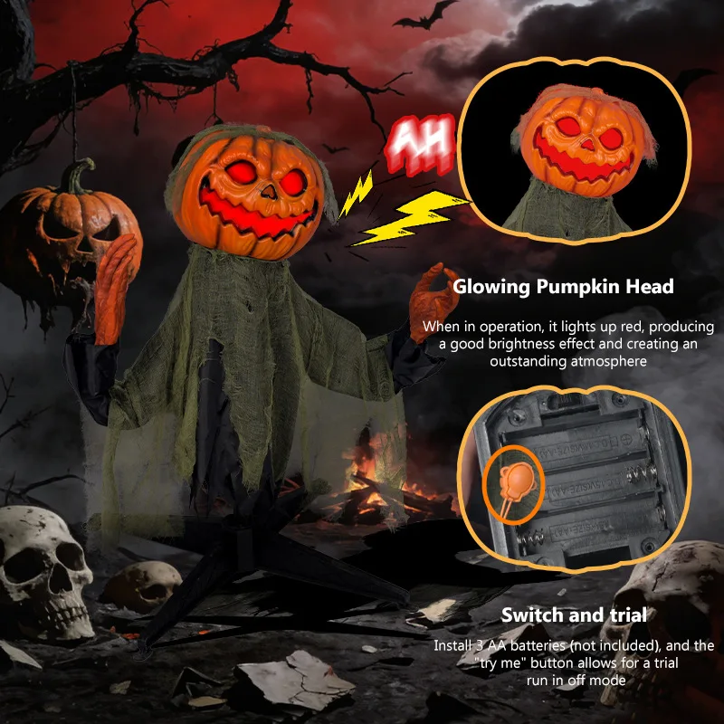 Halloween swinging ghosts, dressed in green pumpkin costumes with lights and sound effects, decorated as an electric patio bar