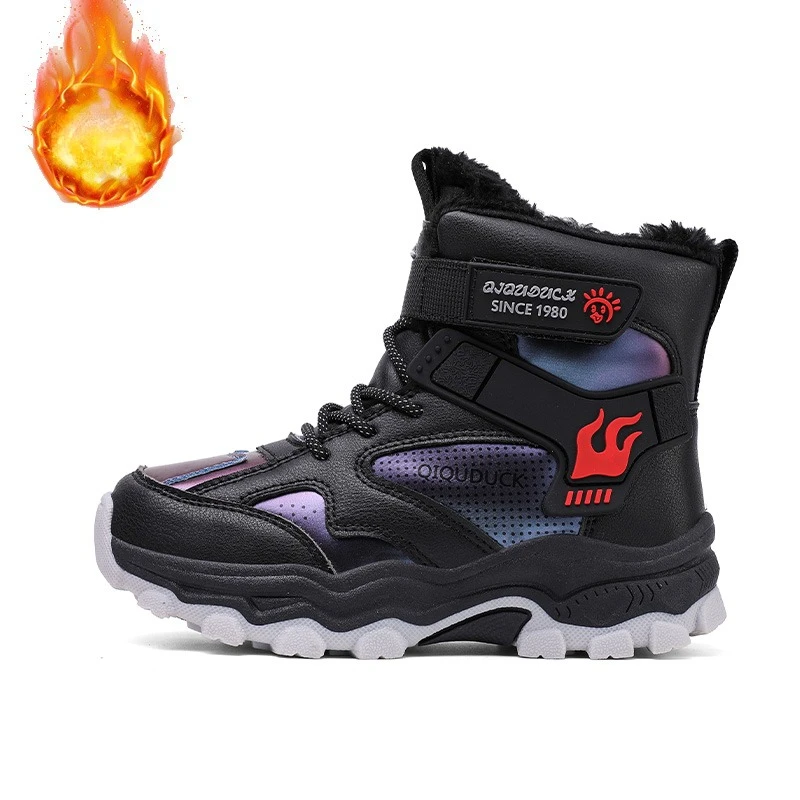 Kids Winter Snow Boots Boys Girls Hiking Shoes Hook & Loop Warm Fur Lined Non-Slip Waterproof Thick Sole Gradient Outdoor Shoes