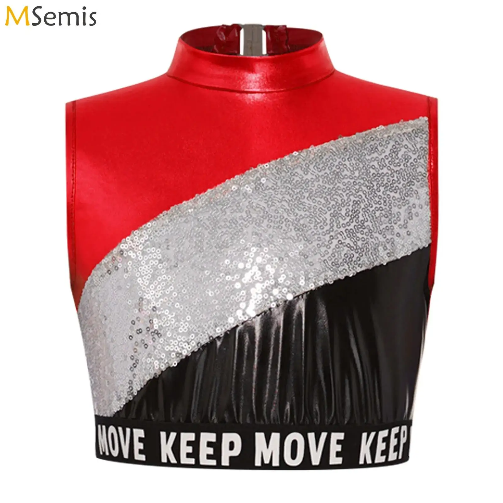 

Детский топ для джазовых танцев для девочек, костюм для выступлений в стиле хип-хоп, с буквенным принтом, эластичным низом, блестящими пайетками, цветными блоками и металлическим эффектом, укороченный топ