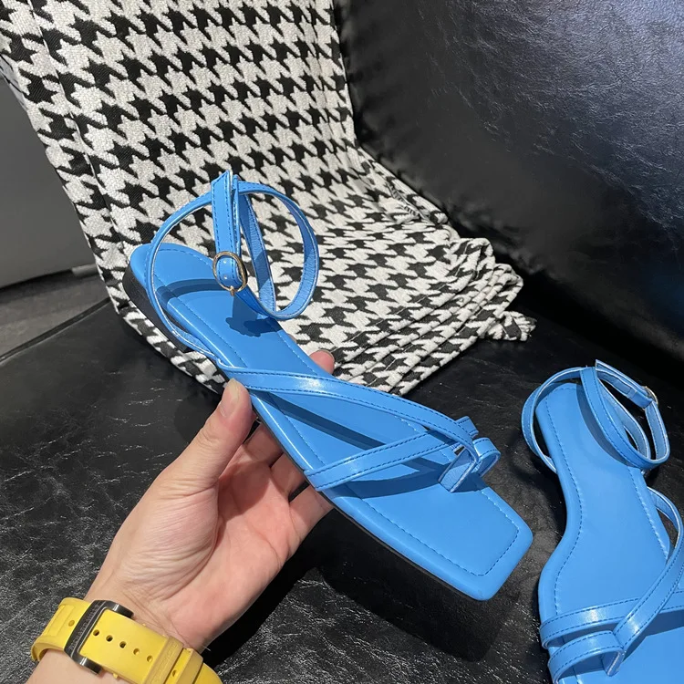 Dave&Di Female Fashion Commuter Leisure Royal Blue Summer Sandals New Square Women Leather Toe Strap Flat Sandals